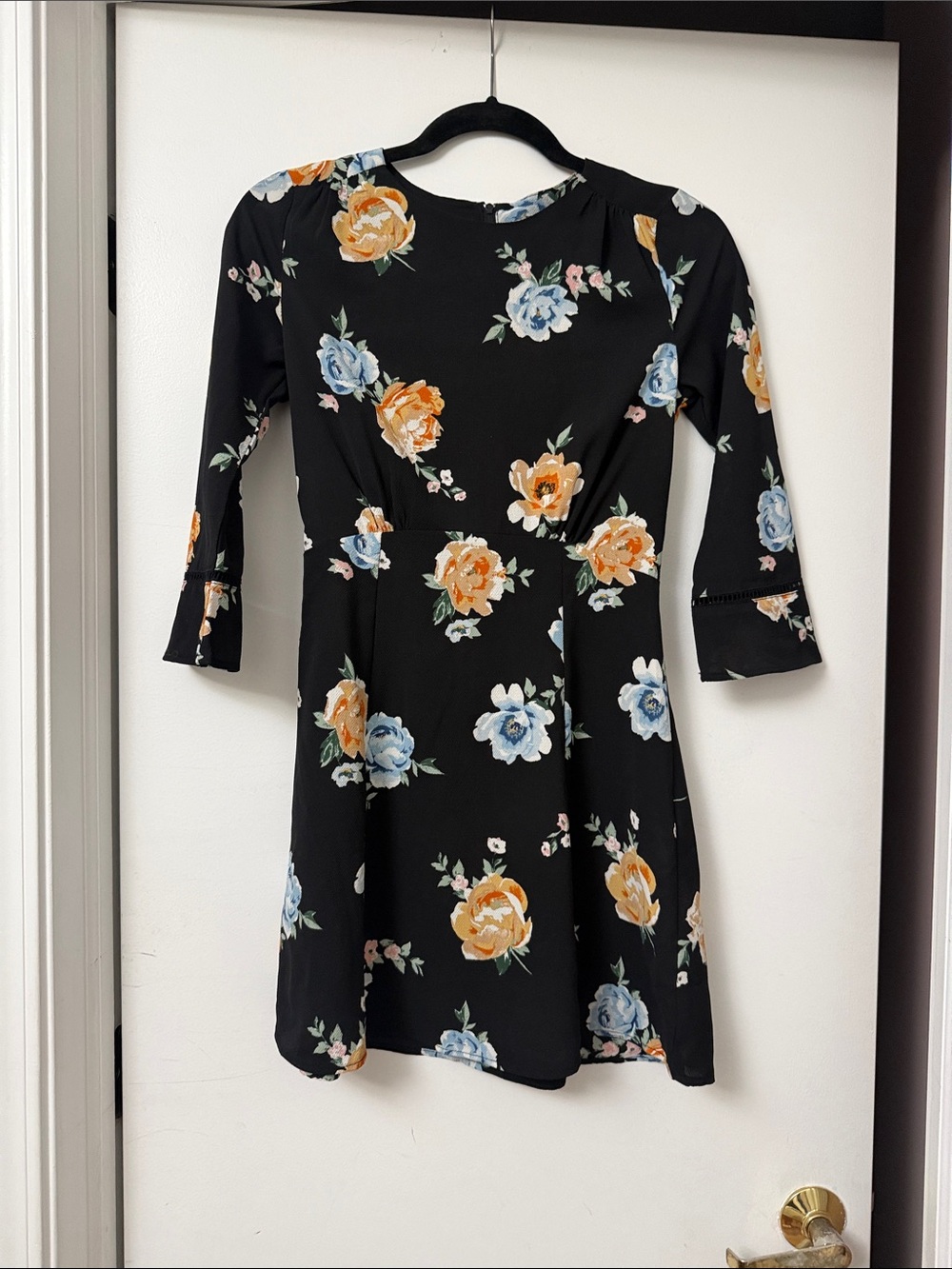 Coach Black Long-Sleeve Floral Fit & Flare Dress with Orange and Blue Blooms